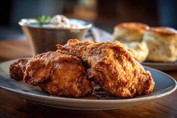 Crispy fried chicken pieces on a plate, with creamy sauce and biscuits