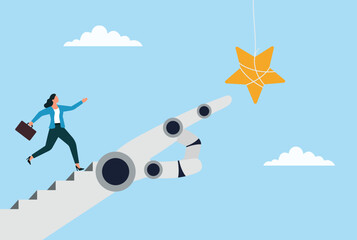 Vector illustration of a businesswoman running toward a star sign, followed by a robotic hand, symbolizing ambition, AI guidance, pursuit of excellence, and tech powered success
