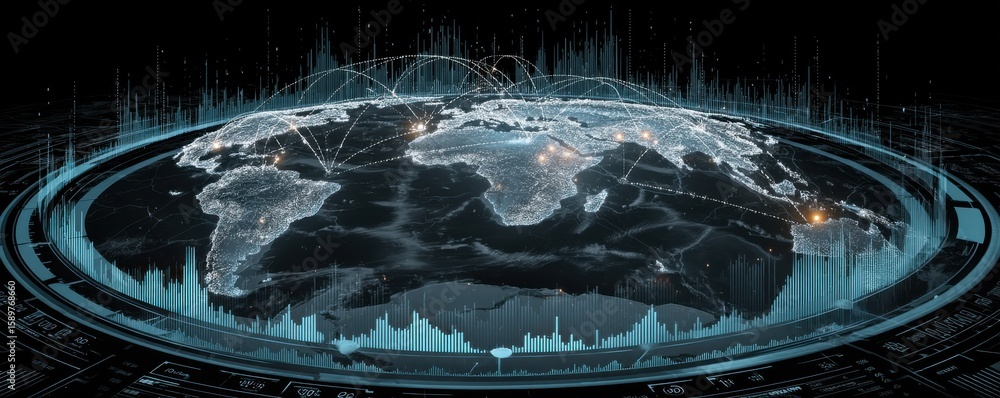 Poster futuristic global visualization of interconnected continents with data and networks