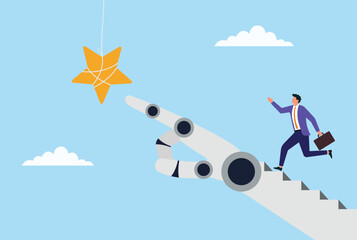 Vector illustration of a businessman running toward a star sign, followed by a robotic hand, representing ambition, AI support, pursuit of excellence, and technology driven achievement
