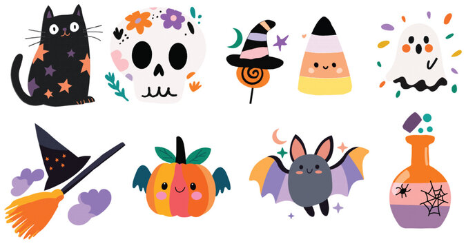 cute halloween cartoon clipart collection with black cat, pumpkin, candy, ghost, bat, witch hat, and potion bottle on white background for kids crafts, party decor, stickers, and seasonal prints