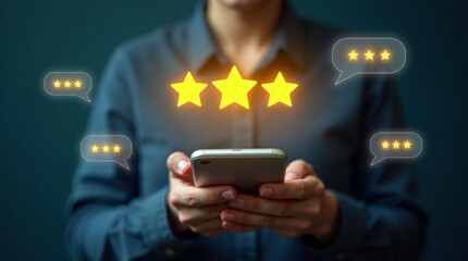 A person holding a smartphone, with five glowing yellow stars floating above the device, and several speech bubbles containing user icons and star ratings floating around, symbolizing online reviews o