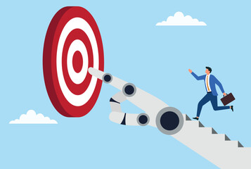 Vector illustration of a businessman running toward a target, followed by a robotic hand, representing ambition, AI assistance, goal achievement, and tech powered business growth
