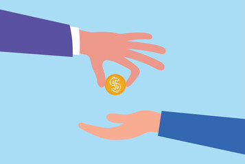 Vector illustration of a hand giving a gold coin to another hand, symbolizing donation, financial support, charity, money transfer, investment, or business transaction concept
