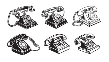 Six Vintage Rotary Dial Telephones Black and White Illustrations