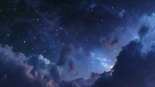 Dreamlike celestial view of a deep blue night sky, where luminous clouds drift beneath a brilliant starry galaxy