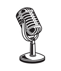 Vintage Retro Microphone Black and White Illustration