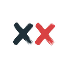 Fototapeta premium Two hand drawn brush stroke x marks one dark blue and one red isolated on white background