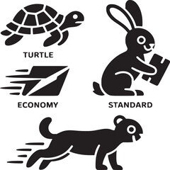 Turtle rabbit dog delivery speed comparison economy standard express vector illustration set