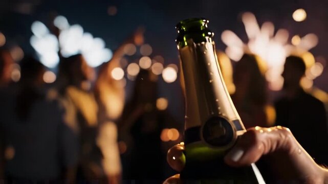 Champagne cork popping and splashing in a party with people dancing and fireworks in background