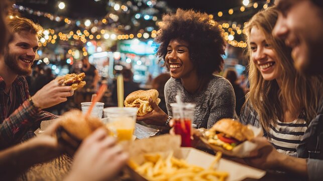 Friends Gather for a Casual Meal: A candid moment captures a group of friends sharing food, laughter, and connection under warm lights, creating a sense of togetherness.