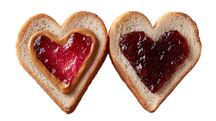 Heart shaped bread slices with peanut butter and jelly filling isolated on transparent background