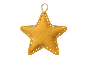 Yellow felt star christmas ornament hanging with visible stitches and transparent background, perfect for holiday projects