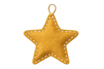 Yellow felt star christmas ornament hanging with visible stitches and transparent background, perfect for holiday projects
