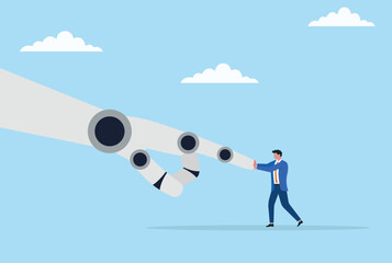 Vector illustration of a businessman fighting against a giant robotic hand, symbolizing the struggle between human ambition and the rise of automation and artificial intelligence
