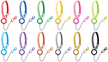 カラフルなバンドストラップ付きリールホルダーのベクターイラスト素材セット／リールが伸びた状態(Colorful Vector Set of Reel Holders with Band Straps – Extended Reel Type)