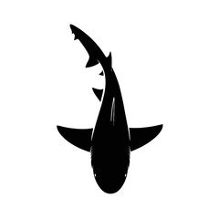 Black silhouette of a shark swimming viewed from above isolated on white background