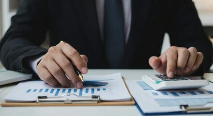 Obraz premium Businessman Using Calculator for Financial Analysis – Budget Planning, Accounting & Investment Review.
