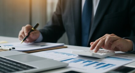 Businessman Using Calculator for Financial Analysis – Budget Planning, Accounting & Investment Review.