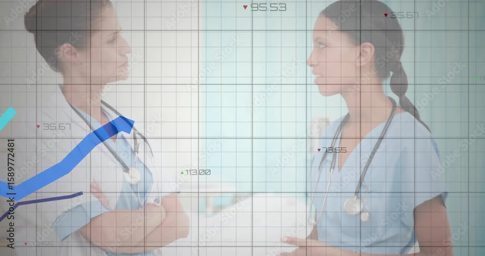 Poster shifting stance clinicians with stethoscopes exchanging file and viewing overlaid charts for review