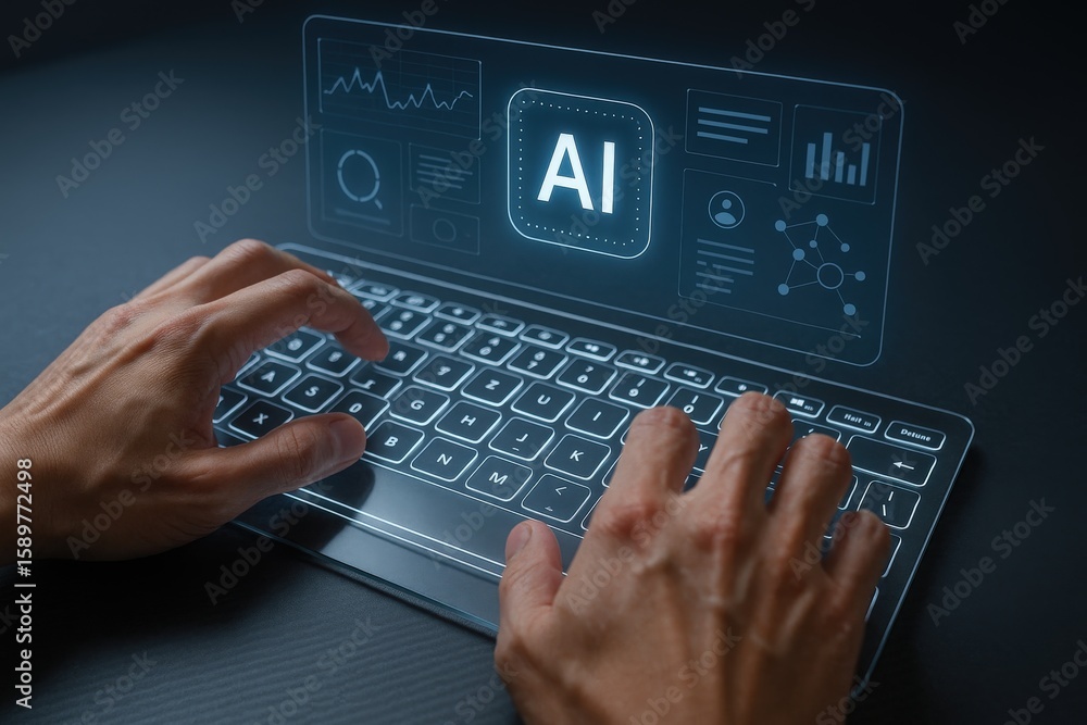 Aufkleber typing on a futuristic transparent keyboard illustrating artificial intelligence technology and the 