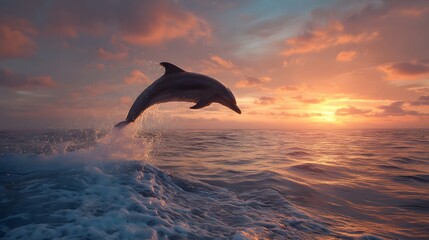 Fototapeta premium Dolphin Leaping at Sunset: A majestic dolphin leaps gracefully out of the ocean, illuminated by the warm hues of a vibrant sunset, embodying freedom and joy.