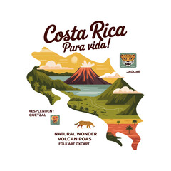 Costa rica pura vida map with wildlife and volcano isolated on white background