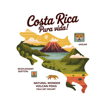Costa rica pura vida map with wildlife and volcano isolated on white background