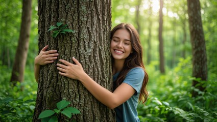Woman Hugging Tree in Forest &ndash; Nature Love, Eco-Friendly Lifestyle & Forest Connection.