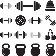 Gym fitness equipment vector icon set dumbbell kettlebell weight plate and other workout equipment