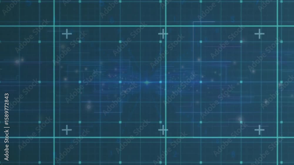 Poster digital network grid opening on dark blue, pulsing teal lines and flickering nodes scanning data