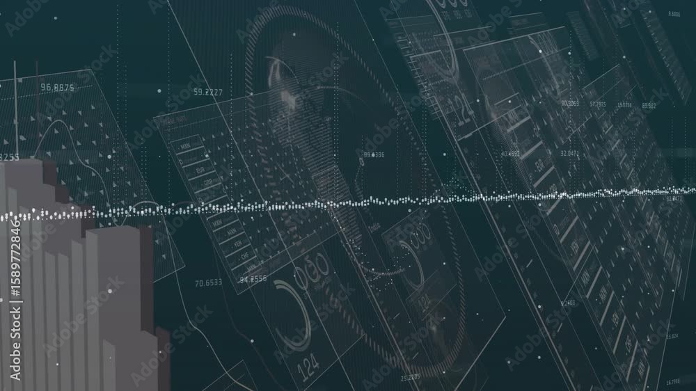 Poster on data input waveform scrolling while bars pulsing and panels shifting to show real-time data