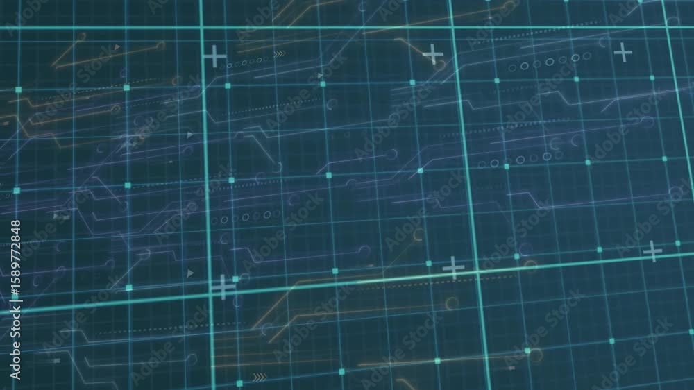 Poster orange-purple circuits initiating on teal grid, pulsing nodes flashing cursors showing data update