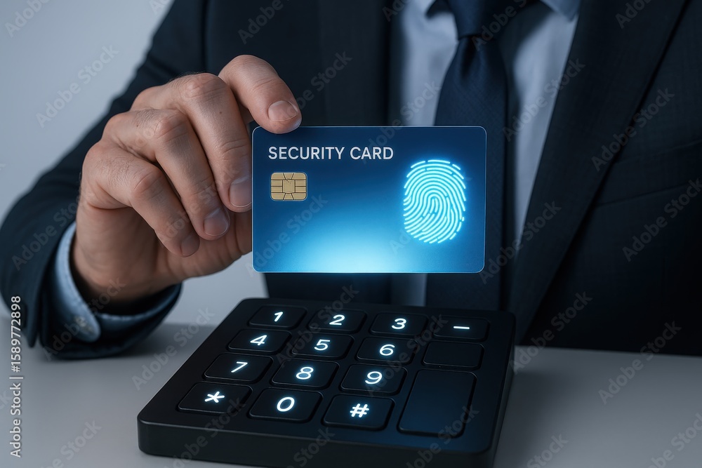 Poster man presents security card with fingerprint over a keypad to illustrate network safety