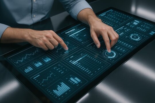 Hands interact with a digital touch screen showing data visualizations and statistical dashboards for business analytics. - Powered by Adobe