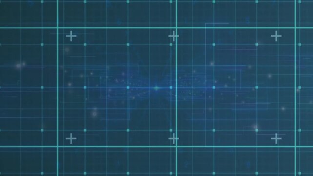 Digital network grid opening on dark blue, pulsing teal lines and flickering nodes scanning data