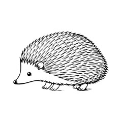 A cute hedgehog with spiky fur and a small nose. The animal is depicted in a simple, black and white line drawing style.