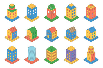 Isometric Buildings Collection Colorful, Playful Architecture for Creative Designs, including houses and cylindrical structures.