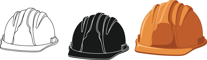 Three construction helmets showcase design evolution, from a simple outline to a solid black silhouette and a fully rendered orange hard hat, symbolizing safety and aspiration.