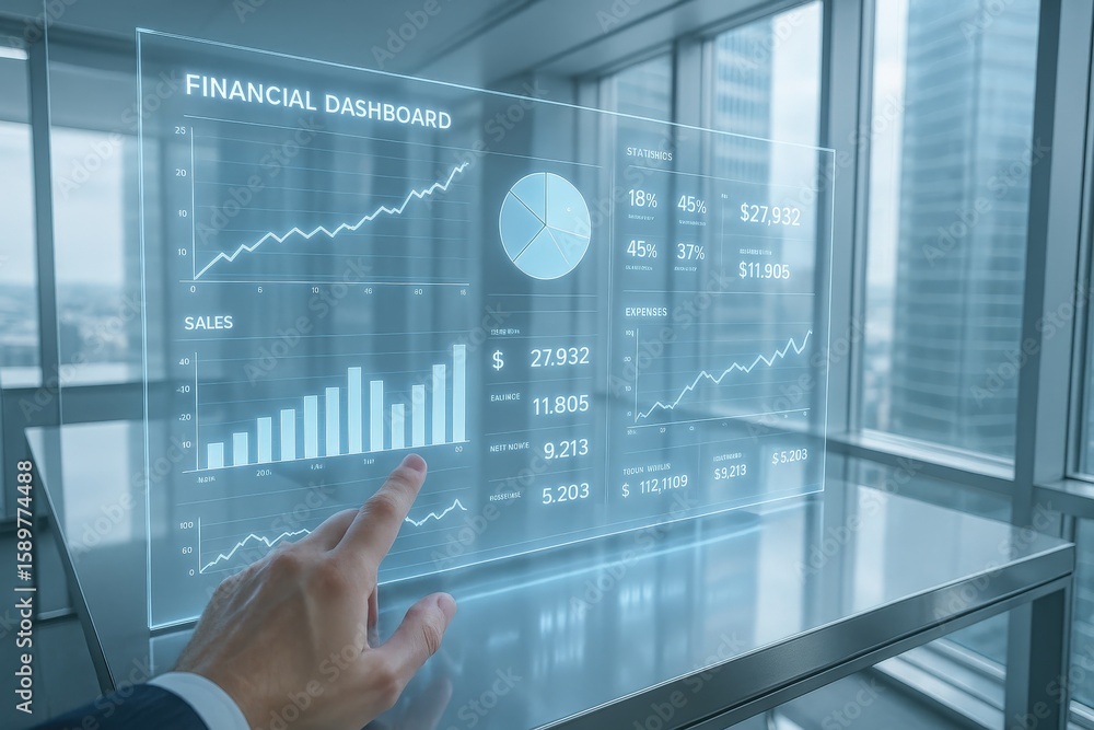 Poster analyzing financial data on a futuristic dashboard, showing progress and insights for business strat