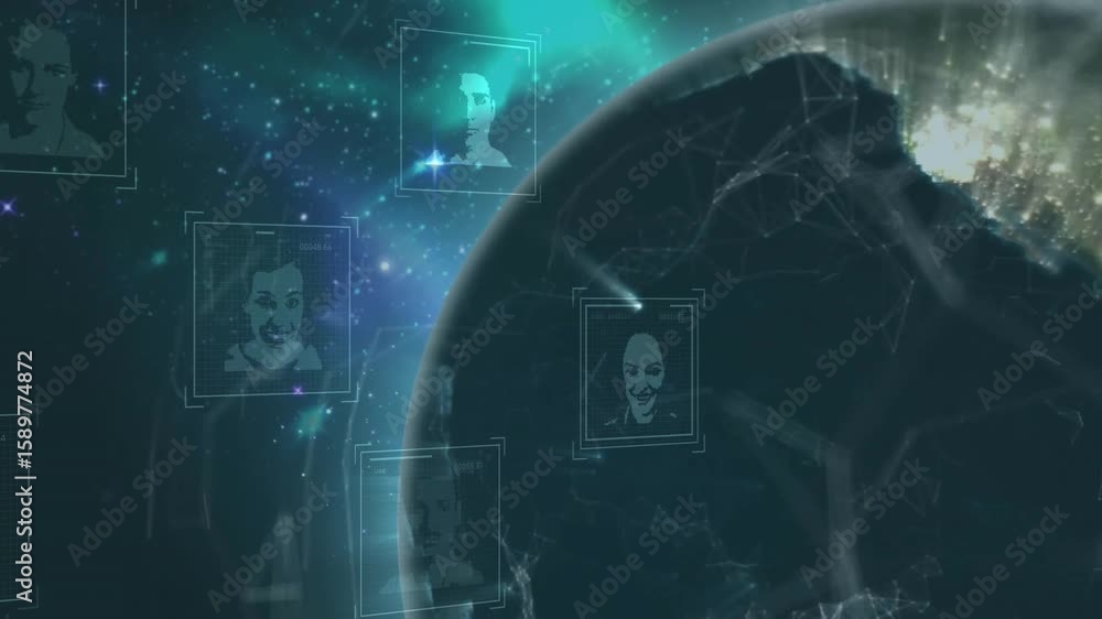 Aufkleber emerging avatars sliding while earth rotating and network lines tracing, visualizing connectivity