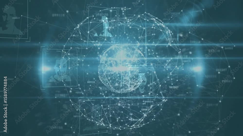 Poster globe materializing at center rotating while frames fading in and linking showing network growth