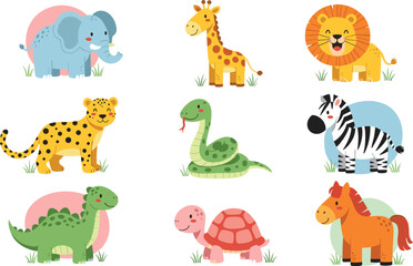 Colorful cartoon animals like elephant, giraffe, lion, zebra, turtle, snake, dinosaur, ideal for nursery, educational kids art