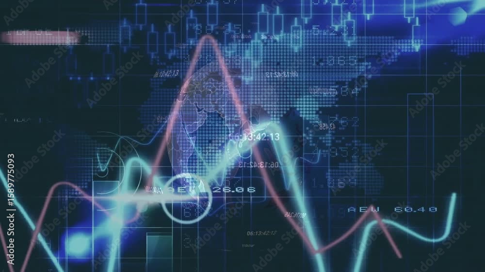 Poster opening grid, neon traces oscillating across map bars appearing while circling peaks showing trends