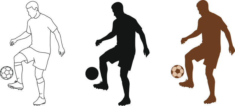 Three soccer player illustrations showcase a sportsman juggling a soccer ball, presented in line art, silhouette, and brown tone variations, ideal for sports design and athletic themes.