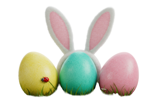 Three vibrant Easter eggs (yellow, teal, pink) with a tiny red ladybug and pastel bunny ears, nestled in lush green grass with wildflowers against a clean white background with copy space, joyful