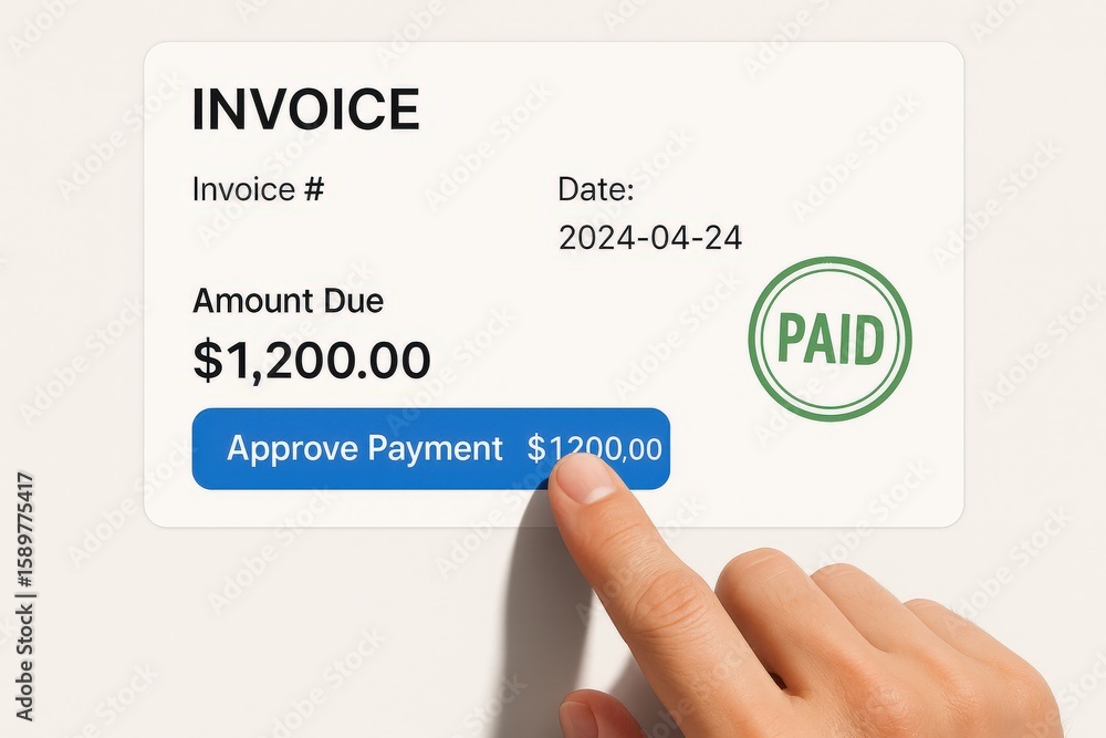 Poster an invoice marked paid with a finger touching the approve payment button displays an amount of $1200