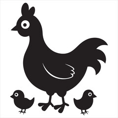 Hen with chicks silhouette vector on white background.
