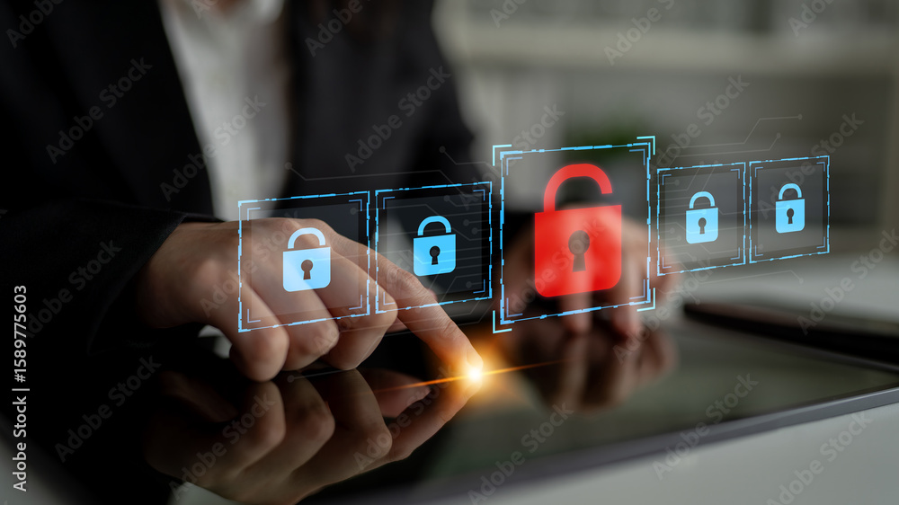 Poster digital security concept illustrating a cybersecurity breach, with a red unlocked padlock indicating