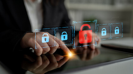 Digital security concept illustrating a cybersecurity breach, with a red unlocked padlock...
